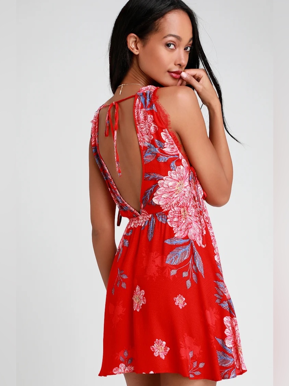 Free People Marine Red Floral Open Back Mini Dress Size L